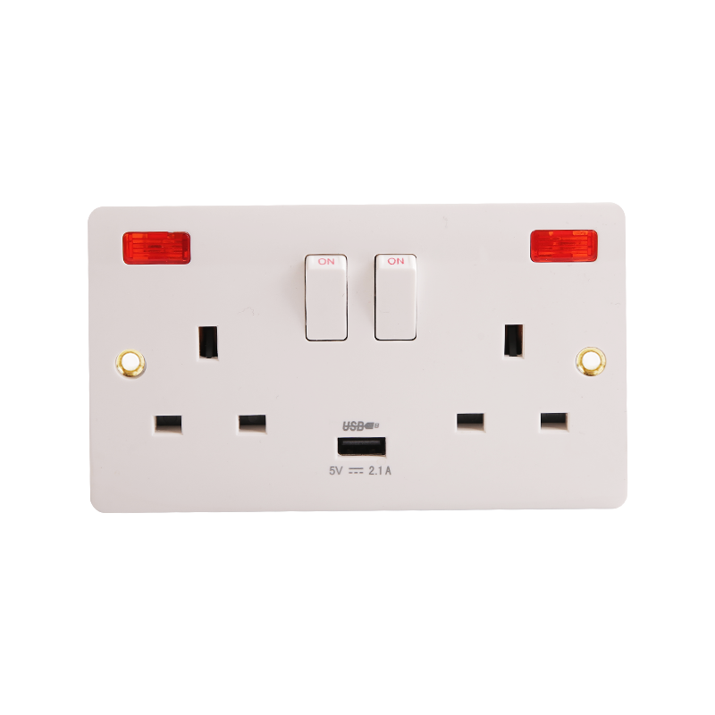 2 x 13A bakelituttag med Neon & USB (2.1A) HK6213VN-UB